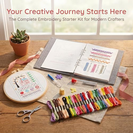Tofficu 2026 Upgraded Embroidery Stitch Book - 180 Patterns Embroidery Starter Practice Book, Beginner Cross Stitch Supplies Kit with 6-Ring Binder 24-Color Threads & Tools for Adults DIY Craft Gift Tofficu