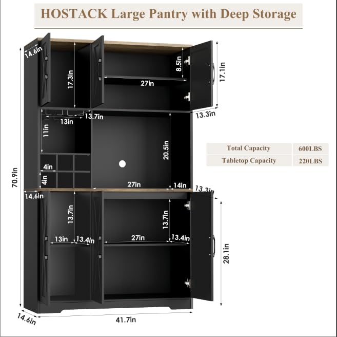 HOSTACK Kitchen Pantry Storage Cabinet, 71" Tall Food Pantry Cabinet with Microwave Stand, Farmhouse Kitchen Hutch Cabinet, Coffee Bar Hutch with Wine Rack for Dining Room, Living Room, Black HOSTACK