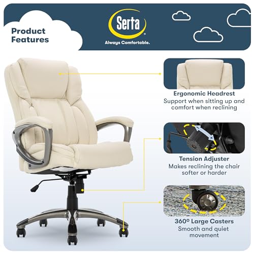 Serta Garret Executive Office Chair, Ergonomic Mid-Back with Lumbar Support, Semi-Plush Cushion and Body Pillows, Padded Armrests, Swivel Base, Bonded Leather, Ivory White Serta