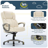Serta Garret Executive Office Chair, Ergonomic Mid-Back with Lumbar Support, Semi-Plush Cushion and Body Pillows, Padded Armrests, Swivel Base, Bonded Leather, Ivory White Serta