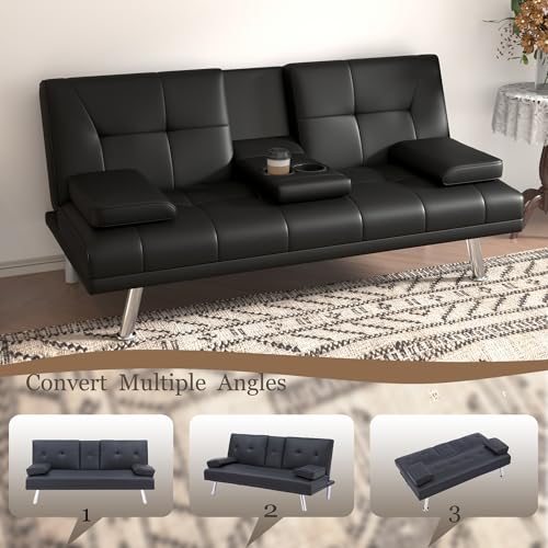 67"Modern Futon Sofa Bed,Convertible 3 in 1 Sleeper Bed Couches with Adjustable Backrest,Cup Holders,Comfy PU Leather Recliner Sofa Loveseat with Chrome Legs for Small Home Living Room (Black) Majnesvon