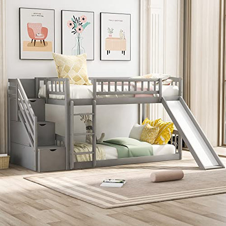 RuiSiSi Twin Bunk Bed with Slide and Stairs, Wood Low Bunk Bed Frame with Storage Stairs & Safety Guard Rails, Space-Saving Floor Bunk Beds for Kids Boys Girls, Grey RuiSiSi