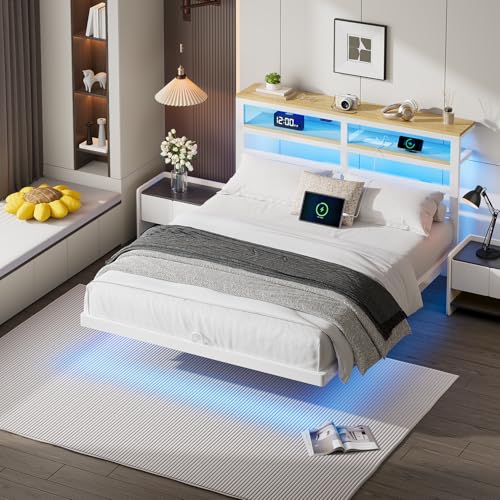 kozfrn Floating Bed Frame Full Size with Storage Headboard,Modern Metal Platform with Smart LED Lights and Charging Station,Metal Slat Support,No Box Spring,Easy Assembly,Noise-Free,White kozfrn