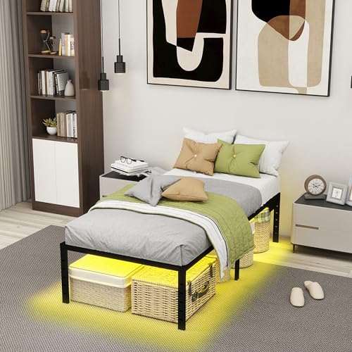 HusDream Twin XL Bed Frames for Kids 14 Inch Twin Bed Frame with LED Lights and Charging Station,Metal Bed with Storage Black Platform Bedsfor Boys Girls,No Box Spring Needed (14 Inch, Twin XL) HusDream