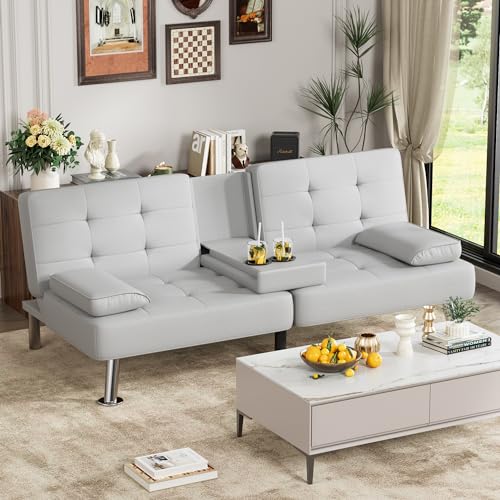 JUMMICO Faux Leather Futon Sofa Bed Futon Couch with Removable Armrests Adjustable Sleeper Sofa Bed with 2 Cup Holders for Living Room (PU Leather, White) JUMMICO