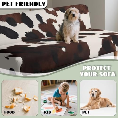 GLENLCWE Cow Print Futon Cover Brown Stretch Armless Sofa Cover with Elastic Bottom Fitted Sofa Bed Slipcovers for Living Room Anti Slip RV Couch Protector Couch Slipcover GLENLCWE
