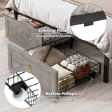 TIGUBFRE Full Bed Frame with Storage Headboard, Farmhouse Wood Bed Frame Full Size with 4 Drawers, LED Light & Charging Station, Metal Slats Support, Noise Free, No Box Spring Needed, Rustic Gray TIGUBFRE