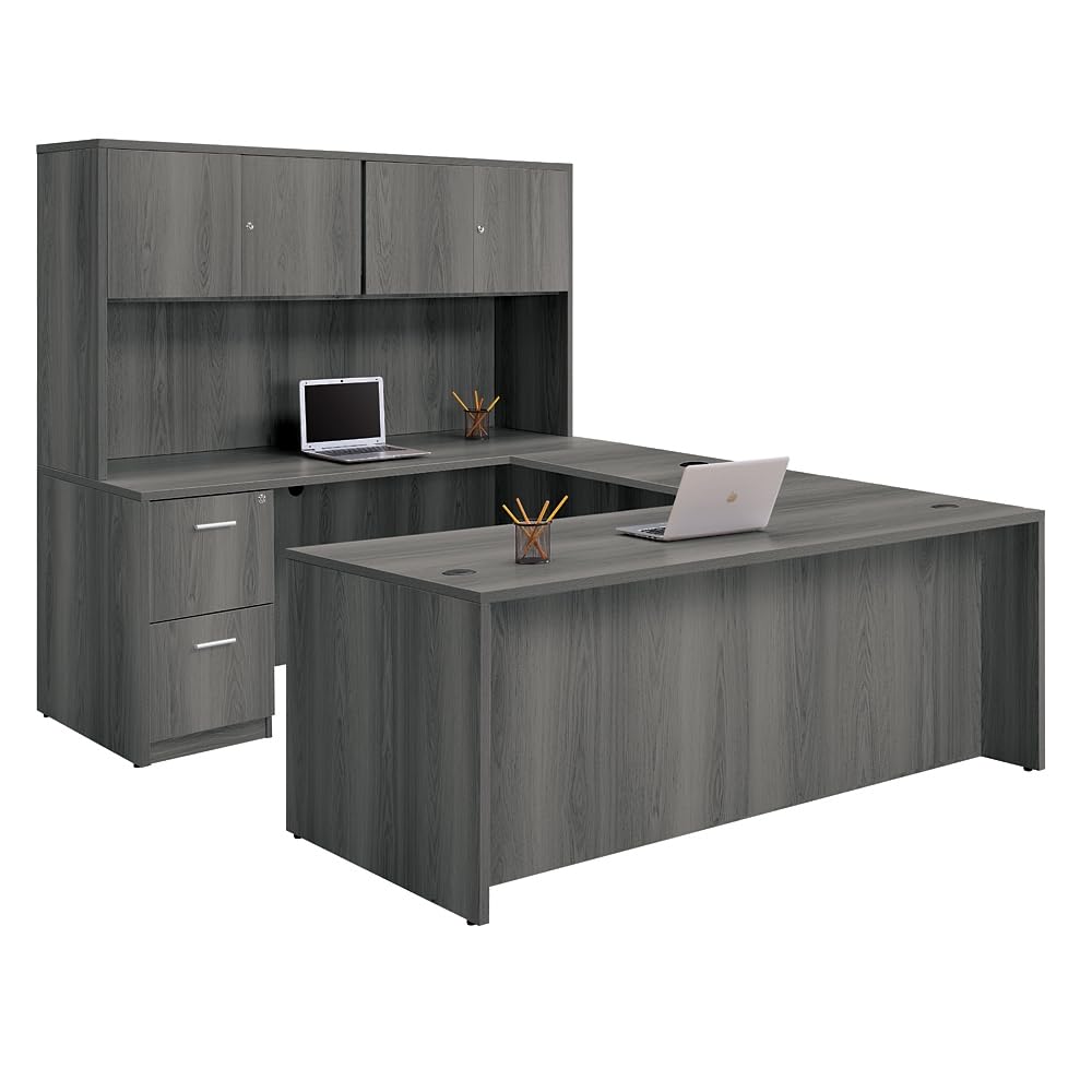 NBF at Work U Shaped Desk for Home and Office - Office Desk with Reversible Bridge - File Cabinet with Two Drawers - Gray Finish Executive Desk - Computer Desk with Durable Laminate Surface(71" W) nbf signature series