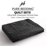 Pure Bedding Quilt Set Full/Queen Size Black - Oversized Bedspread - Soft Microfiber Lightweight Coverlet for All Season - 3 Piece Includes 1 Quilt and 2 Shams, Geometric Pattern Pure Bedding