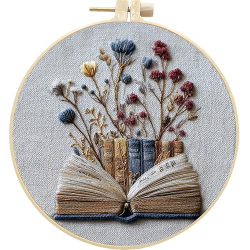FONNUY Embroidery Kit for Beginners, Flower Book Pre-Stamped Pattern Kits for Adults with Hoop, Cross Stitch Easy to Follow Color Thread Needlework, 8'' Hoop (Blue)