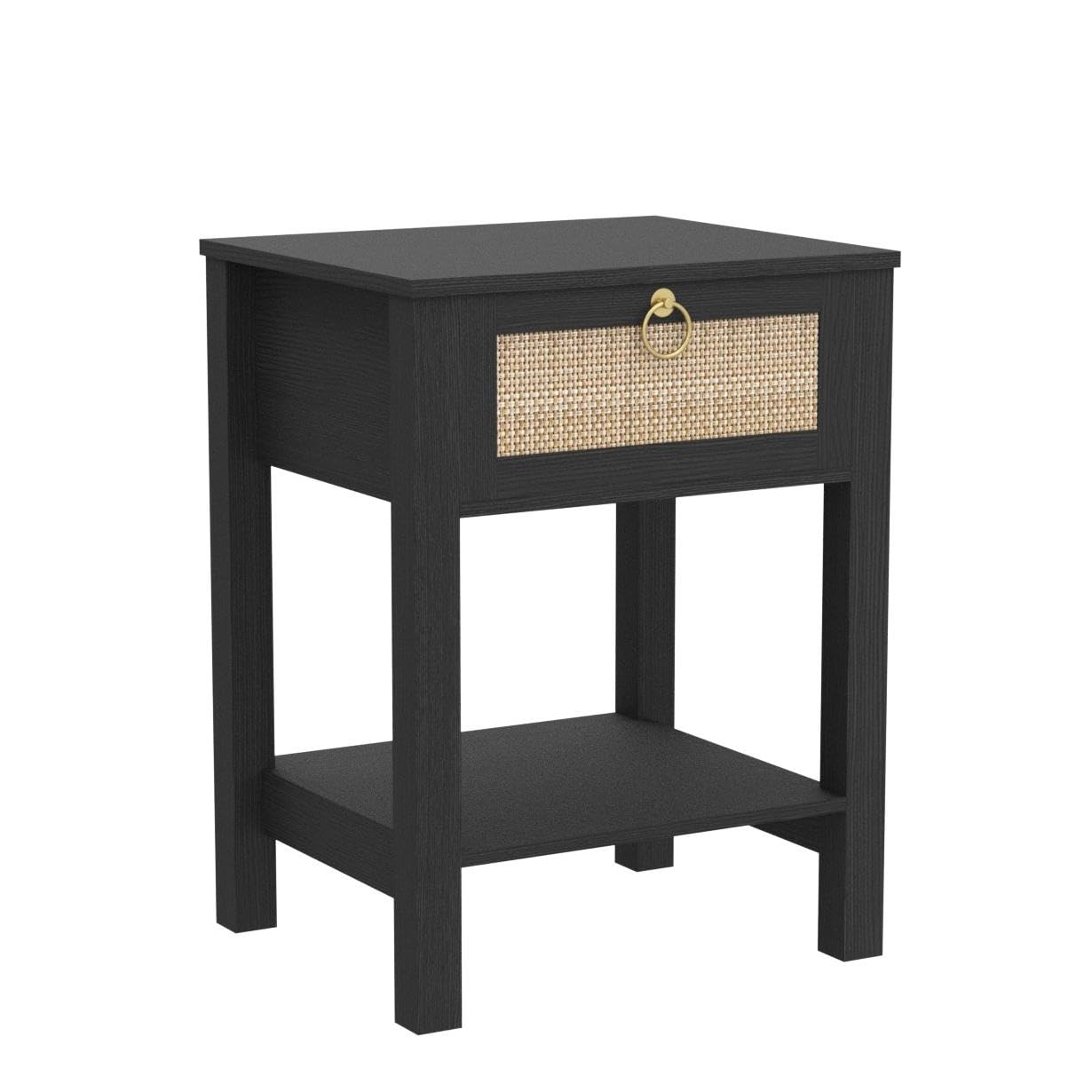 SICOTAS Black Nightstand Set of 2 - Rattan Decor Drawer with Brass Knobs Night Stand Wood Bedside Table Boho End Tables Side Tables with Storage Shelf - WoodArtSupply