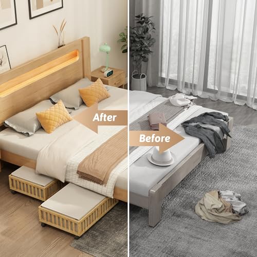 Bamboo Under Bed Storage Containers with Wheels, 2 Pack Under the Bed Shoe Storage Bins, Wood Rolling Underbed Drawers with Bag Organizer for Bedroom, Sheets Clothes Blanket Comforter, Under Crib Toy MHXW SXPN