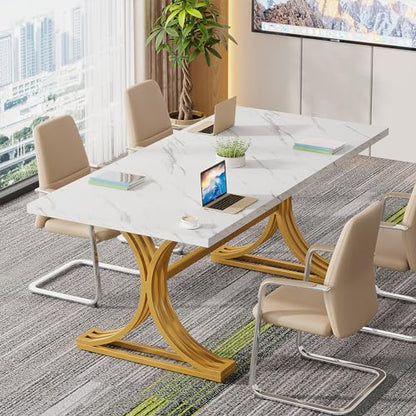 Tribesigns 10.5FT Faux Marble Conference Table, Modern Meeting Table with Gold Legs for 8-10 People, Rectangle Seminar Boardroom Table for Office Conference Room (4, White + Gold) - WoodArtSupply