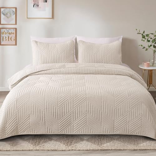 Exclusivo Mezcla Ultrasonic King Quilt Bedding Set, Lightweight Brich Beige Bedspreads Soft Modern Geometric Coverlet Set for All Seasons (1 Quilt and 2 Pillow Shams) Exclusivo Mezcla