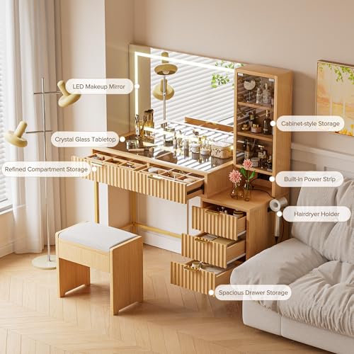 EOYUTLLY 48" Fluted Makeup Vanity Desk with 36" Mirror and Light,Glass Top Wooden Vanity Table with Charging Station,5 Drawers, 3 Adjustable Shelves & 3 Color Lighting Mode, Bedroom Dressing Table,Oak EOYUTLLY