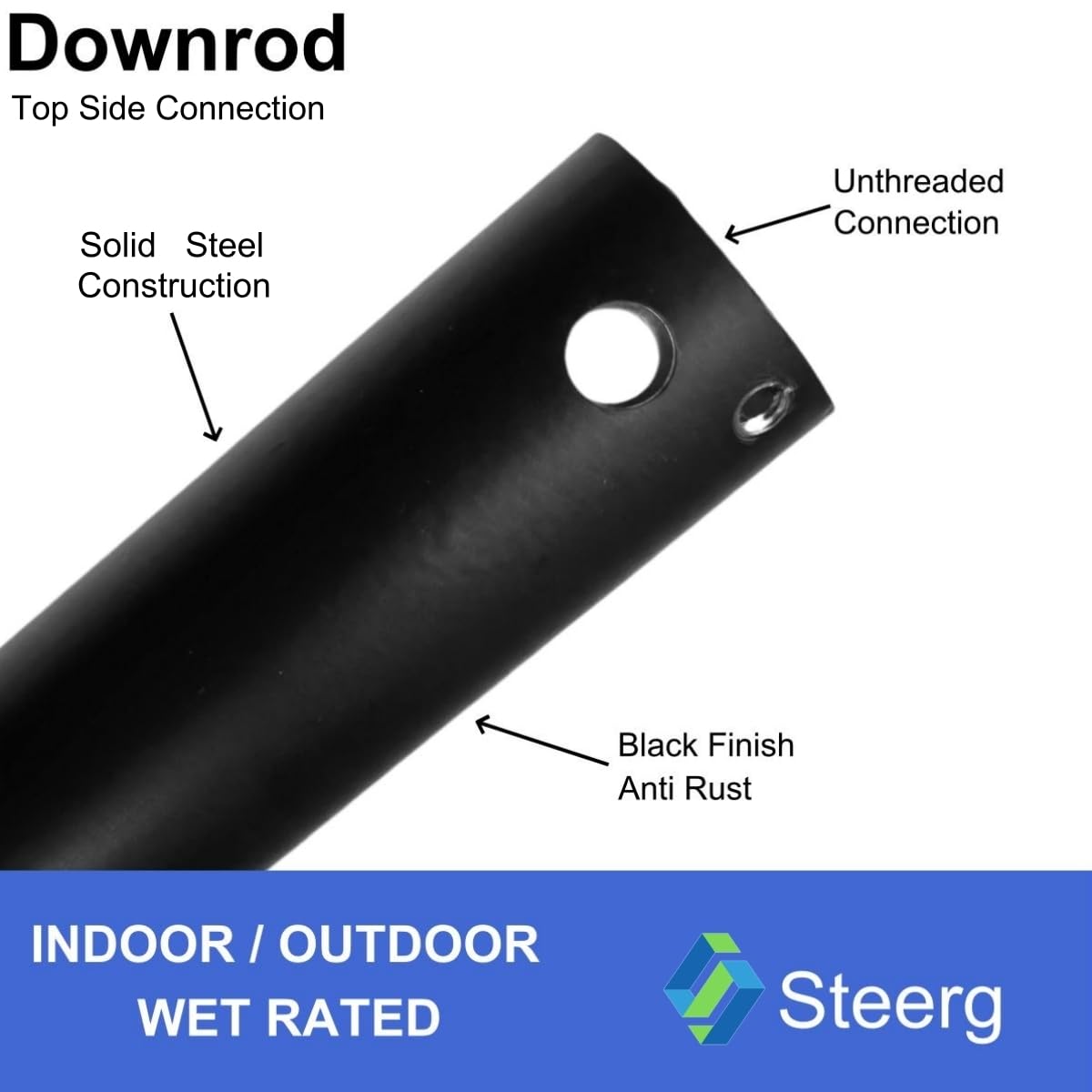 Steerg 36 inch Downrod included 5 20-AWG Extension Wire for Ceiling Fans Down Rod, Unthreaded, Dia 1.02'', Black Steerg