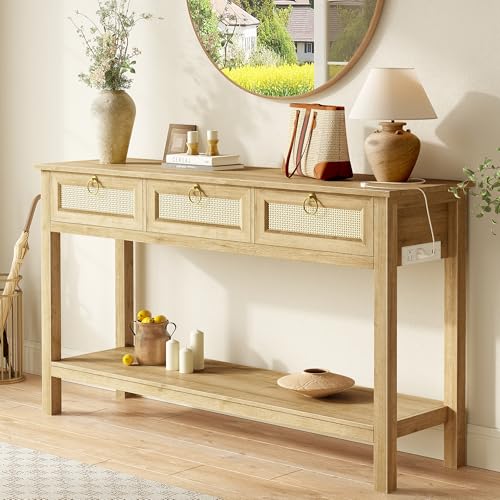 SUPERJARE Rattan Console Sofa Table with Outlets and USB-C Port, 3 Drawer Entryway Table with Synthetic Rattan Surface, Open Shelf, Behind Couch Entry Foyer Hallway Storage, Natural SUPERJARE