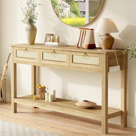 SUPERJARE Rattan Console Sofa Table with Outlets and USB-C Port, 3 Drawer Entryway Table with Synthetic Rattan Surface, Open Shelf, Behind Couch Entry Foyer Hallway Storage, Natural SUPERJARE