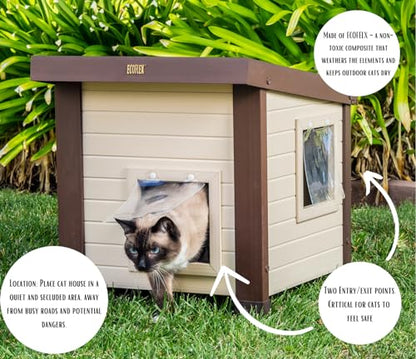 New Age Pet® ECOFLEX® Albany Outdoor Feral Cat House for Multiple Cats with Quick & Easy Assembly, 2 Vinyl Door Flaps Included, Moisture and Odor Resistant - WoodArtSupply