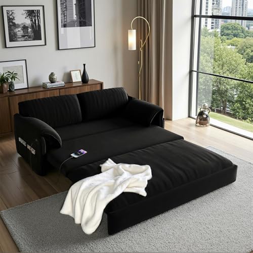 Gexpusm Futon Sofa Bed Queen Size,3-in-1 Convertible Sleeper Sofa,Pull Out Bed with Side Pocket,Loveseat Couch,Modern Futon Couch for Living Room,Small Space,Apartment,Bedroom (Black Velvet, 61") Gexpusm