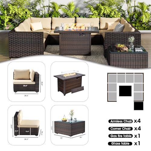 GREZJXC 10 Pieces Outdoor Sectional Patio Furniture Set with Fire Pit Table,PE Rattan Wicker Patio Sectional Conversation Set with Cushions and Glass Coffee Table Beige