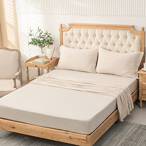 PURE ERA Jersey Knit 4pc Bed Sheet Set 100% T-Shirt Heather Cotton Super Soft Comfy Breathable Fits Mattress Up to 20" Extra Deep Pocket (Heather Beige, King) PURE ERA