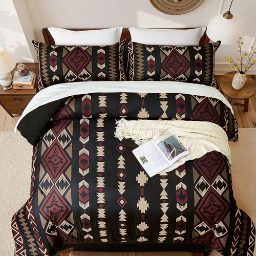 Tyrot Queen Comforter Set – 3 Piece Black Red Boho Aztec Bedding, Western Southwestern Style Comforter Sets, Soft Lightweight Comforter for All Seasons, 1 Comforter & 2 Pillow Shams Tyrot