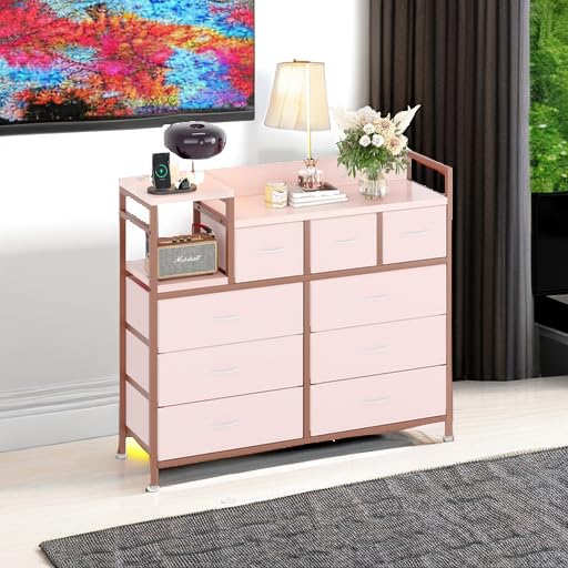 Jojoka TV Stand with Charging Station, Bedroom Dresser for Living Room TV Stand with 9 Drawers, Pink