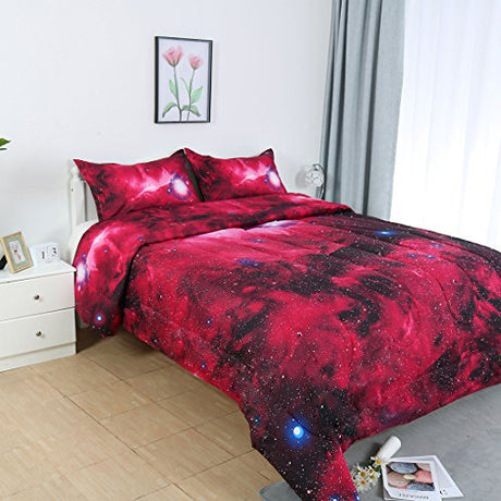 uxcell Full/Queen Size Galaxies Red Comforter Sets - 3D Outer Space Themed Bedding - All-Season Down Quilted Duvet - Reversible Design- Includes 1 Comforter, 2 Pillow Cases uxcell