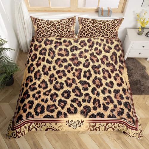 Brown Leopard Print Duvet Cover Set King Size,Kids Girls Woman Novelty Room Decor,Abstract Wild Animal Skin Comforter Cover,Paisley Floral Boho Bedding Set,Rustic Retro Quilt Cover,2 Pillowcases Homewish