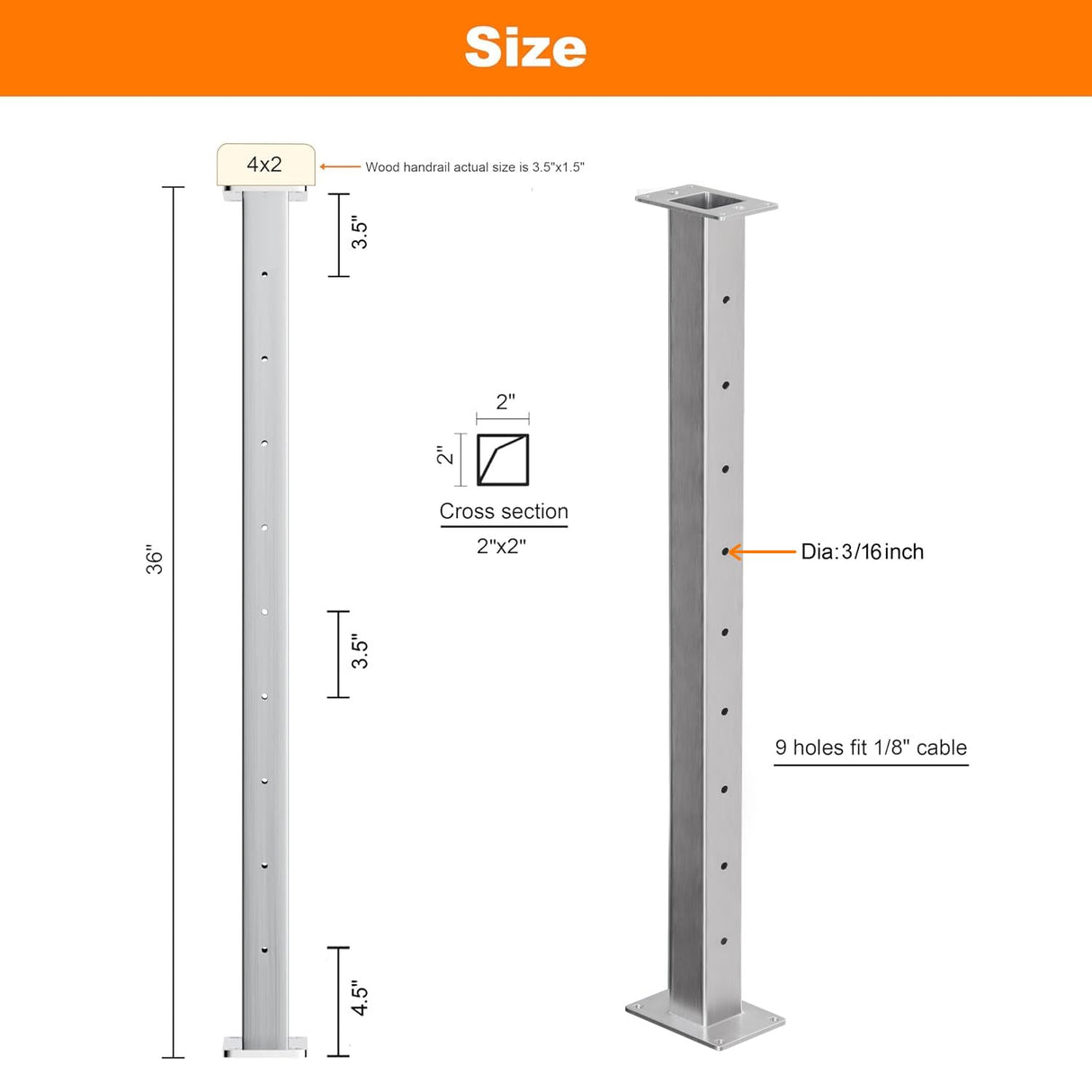 Deck Man 2 Pack Stainless Steel Cable Railing Posts 36inch Level Line Intermediate Post(2×2") for Deck Cable Railing System (Silvery, 36IN) Deck Man