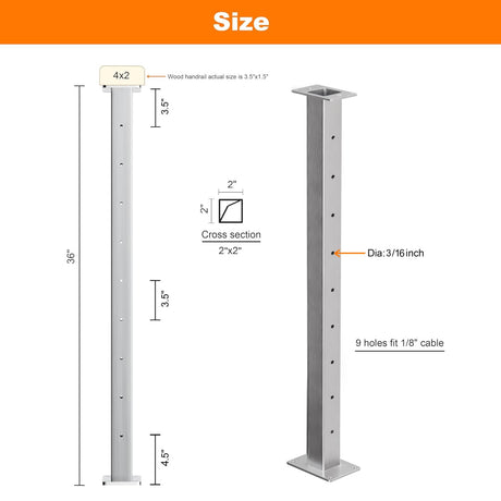 Deck Man 2 Pack Stainless Steel Cable Railing Posts 36inch Level Line Intermediate Post(2×2") for Deck Cable Railing System (Silvery, 36IN) Deck Man
