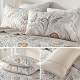 WONGS BEDDING Boho Quilt Set Queen,Beige Paisley Floral Pattern Bedspread Coverlet Set with 2 Pillowcases,Lightweight Microfiber Bohemian Quilt Bedding Set 96"×90" WONGS BEDDING