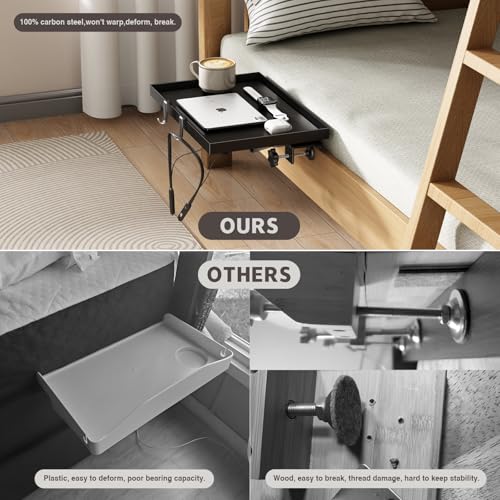 Magheo Bedside Shelf Foldable, Metal Clip-On Bunk Bed Table Shelf for Top Bunk Heavy Duty Bed Side Table Tray for College Dorm Room Essentials, Loft Nightstand Organizer Tray with 1 Cord Hole(Black) Magheo