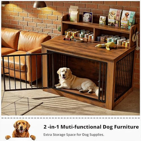 IRONCK Extra Large Dog Crate Furniture, 43.3 inches Wooden Dog Crate with Storage and 4 Hooks, Heavy Duty Pet Crate for Large Dog, Decorative Pet Cage for Indoor (30" L x 43.3" W x 41.1" H) IRONCK