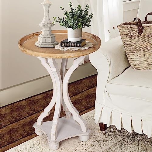 OneSpruce Farmhouse End Tables Living Room Set of 2, Round Side Tables Bedroom Set of 2, Wood Accent Table with Wood Pedestal, Vintage & Rustic, Distressed White