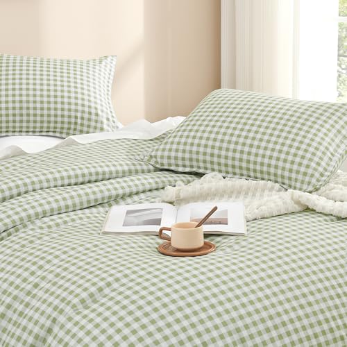 Andency Sage Gingham Comforter Set Full(79x90Inch), Green Checkered Grid Plaid Buffalo Bed Set for Girls Boys Kids Teens, 3 Pieces Lightweight Microfiber Geometric Preppy Bedding Andency