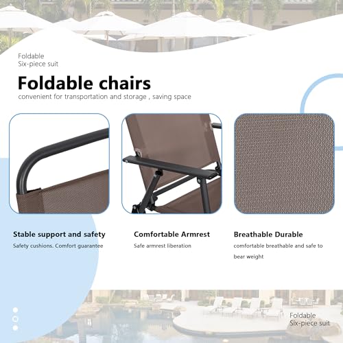 Shintenchi 6 Piece Patio Dining Set with Umbrella, Outdoor Furniture Set with 4 Folding Chairs and Tempered Glass Top Dining Table fot Lawn Backyard Garden Porch Brown and Beige Shintenchi