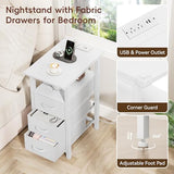 Vagusicc Set of 2 White Nightstand with Charging Station and LED Lights, Narrow End Table, LED Night Stand with 3 Fabric Drawers for Bedroom, Small Bedside Table, Narrow Side Table for Small Spaces Vagusicc