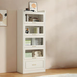 LITFAD Modern White Wooden Bookcase with Glass Doors & Drawer for Minimalist Storage LITFAD