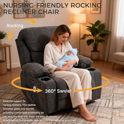 Power Recliner with Rocking, Swivel & Glider - Nursery Chair with One-Touch Button, Vibrating Massage & Heat, USB Charging Ports, Perfect for Nursery, Living Room, or Bedroom Relaxation, Dark Gray