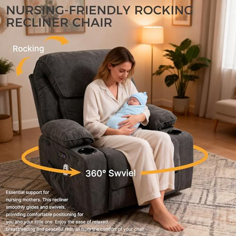 Power Recliner with Rocking, Swivel & Glider - Nursery Chair with One-Touch Button, Vibrating Massage & Heat, USB Charging Ports, Perfect for Nursery, Living Room, or Bedroom Relaxation, Dark Gray BRTHORY