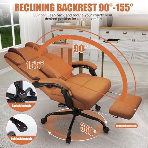 Ergonomic Office Chair with Footrest, 400lbs High Back Executive Home Office Computer Chair with Unique Ear-Shape Headrest for Neck Support,Brown Leather Office Chairs for Home Office Work Hihady