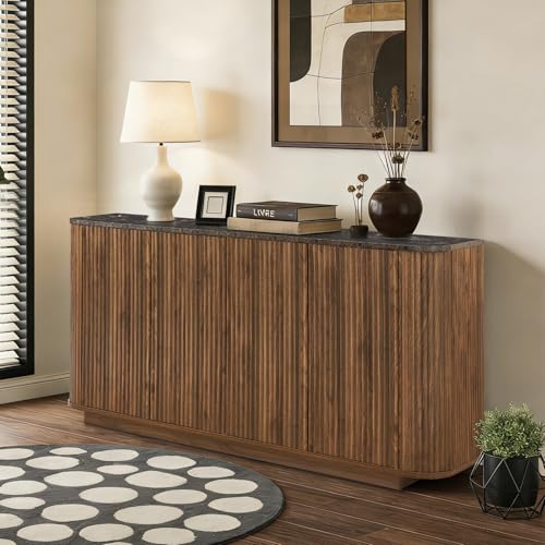 SZTHHDF 64" Sideboard Buffet Cabinet with Storage, Modern Fluted Credenza with Adjustable Shelves, Wood Faux Marble-Top Coffee Bar Console Table for Living Room Kitchen Dining Room, 31.5" H, Walnut SZTHHDF