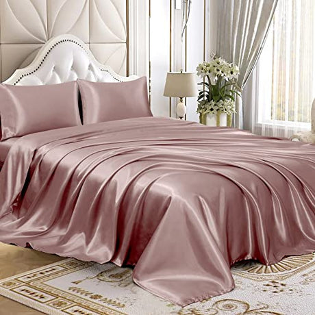 Homiest 4pcs Satin Sheets Set Luxury Silky Satin Bedding Set with Deep Pocket, 1 Fitted Sheet + 1 Flat Sheet + 2 Pillowcases (Queen Size, Rose Gold) Homiest