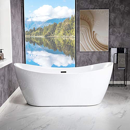 WOODBRIDGE 71" Acrylic Freestanding Bathtub Contemporary Soaking Tub, White Acrylic (Matte Black Drain/Overflow),B0017 MB Drain &O WOODBRIDGE
