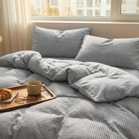 DCSKY Cotton Duvet Cover Full,100% Cotton Waffle Weave Grey Duvet Covers Full Size,Luxury Textured & Breathable 3pcs with 2 Pillow Shams for All Season 80x90 Inches DCSKY
