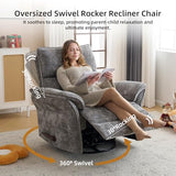 Rhevoy Oversized Glider Rocker Recliner, 26" Extra Wide 360° Swivel Nursery Recliner with Adjustable Headrest, Chenille Rocking Nursery Chair with Overstuffed Armrest, Lumbar Support, Dark Grey