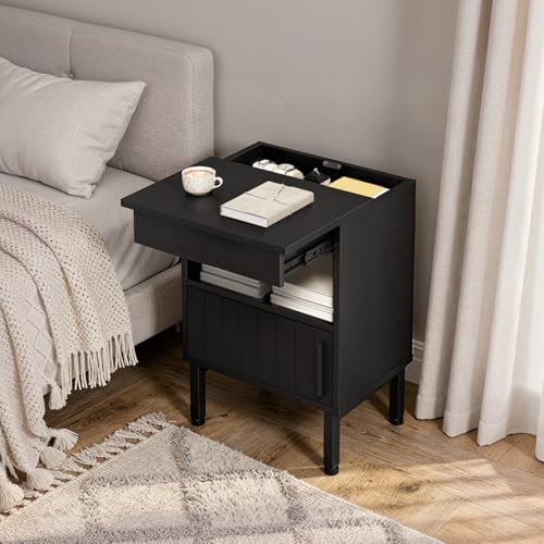 YATINEY Nightstand with Gun Drawer, Bedside Table with Hidden Compartment, End Table with Storage Cabinet, Night Stand for Bedroom, Office, Black ET22BB YATINEY