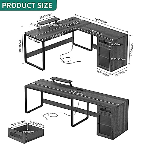 YITAHOME L Shaped Desk with Power Outlets & LED Lights, Reversible Computer Desk with Drawer & File Cabinet, Corner Office Desk with Monitor Stand, L-Shaped Gaming Desk, Grey